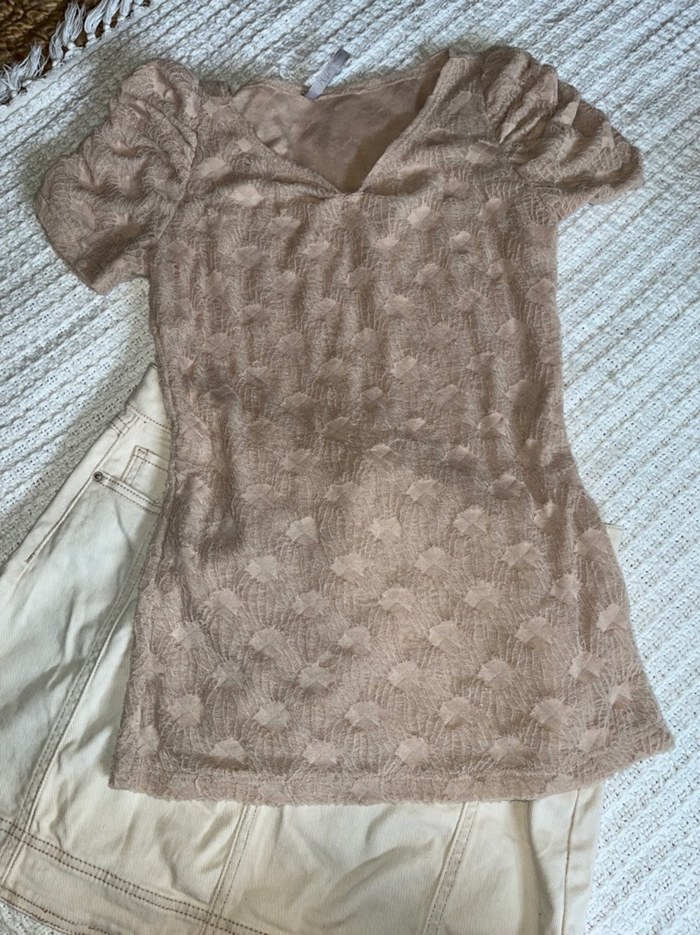 2pc Outfit bundle cute cargo look denim tan khaki mini skirt sz10& Mitto tan top - Picture 9 of 12